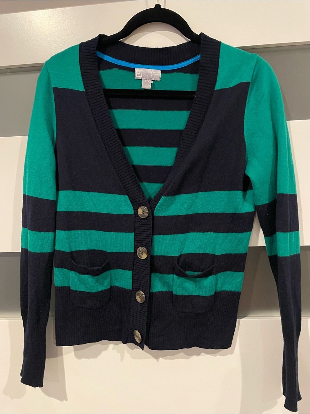jcpenney Green and Navy Striped V-Neck Cardigan